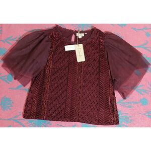 Anthropologie let me be womens medium top boxy burgundy Tule ruffle sleeve